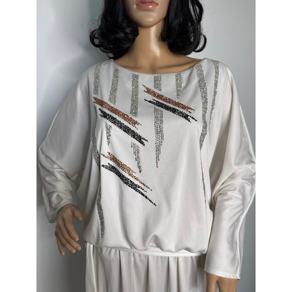 Vintage 1980s Riccardo White Batwing Dress Sequin Geometric Design medium - Picture 4 of 16